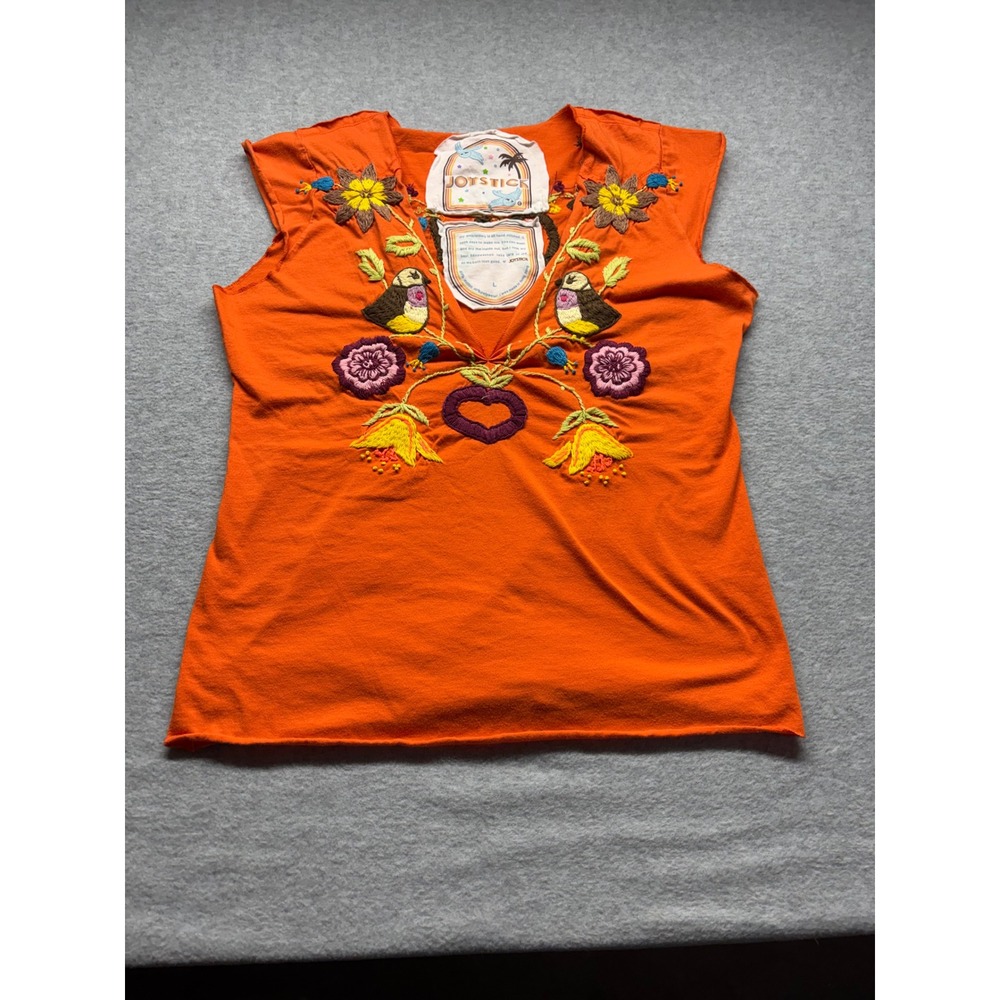Joystick Orange Hand Embroidered Folk Art Birds Flowers Love Tank Top Large